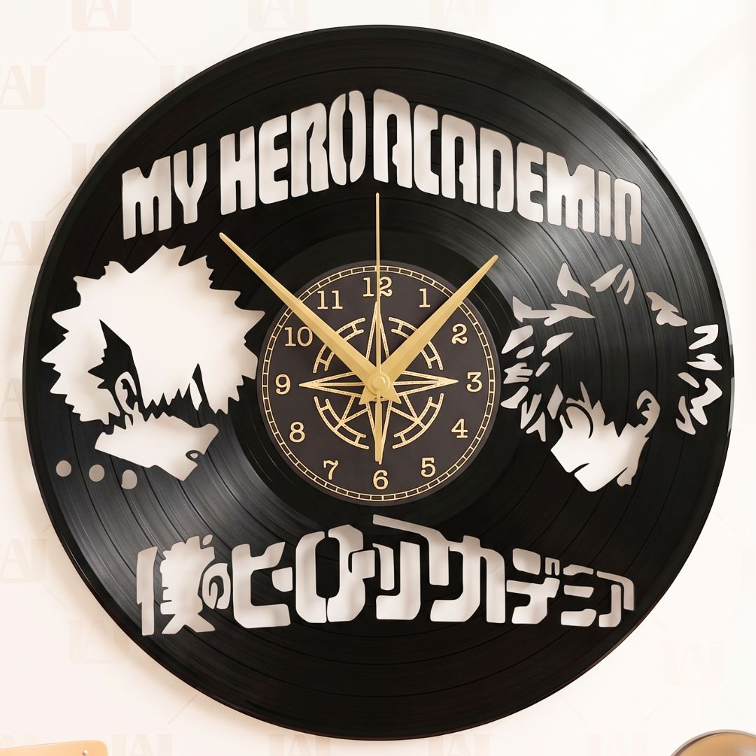 Orologio in Vinile Ispirato a "My Hero Academia" – Intagliato a Mano da Disco Originale – Design Artigianale Silenzioso