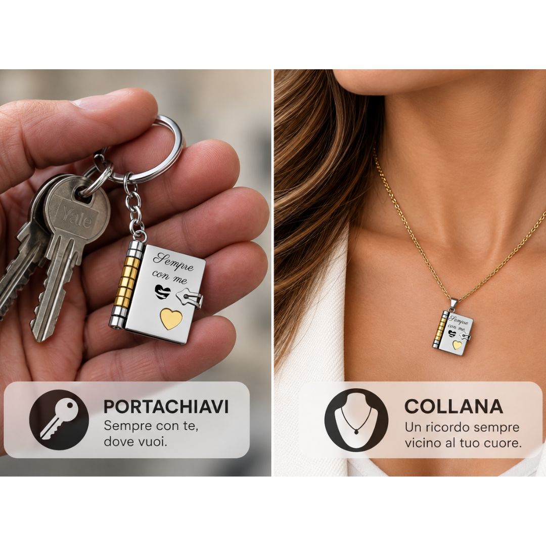 Collana/Portachiavi Sempre con me - Libro – 6 Pagine Incise + foto