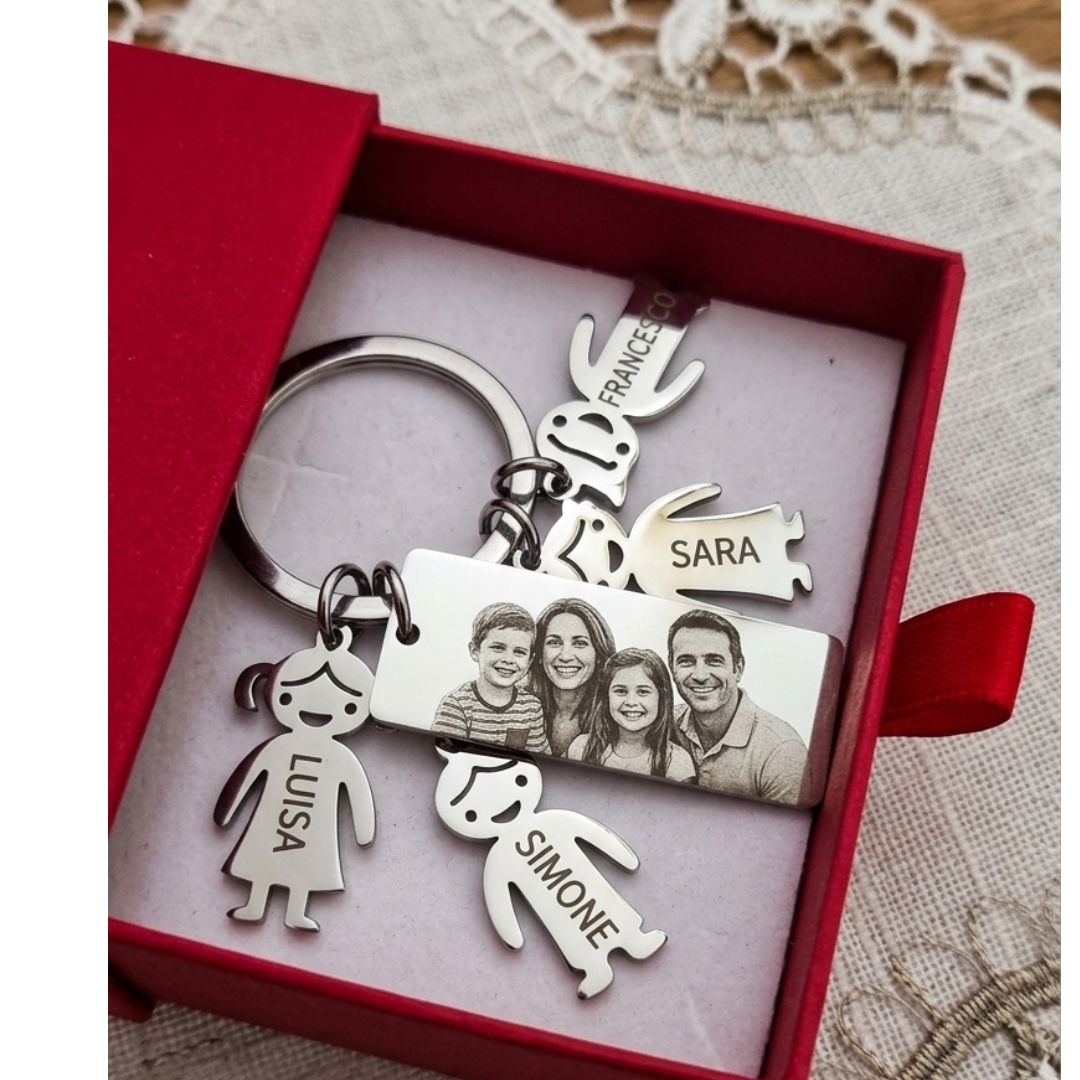 Portachiavi Famiglia Personalizzato in Acciaio – Incisione Nomi, foto e Dedica su Misura