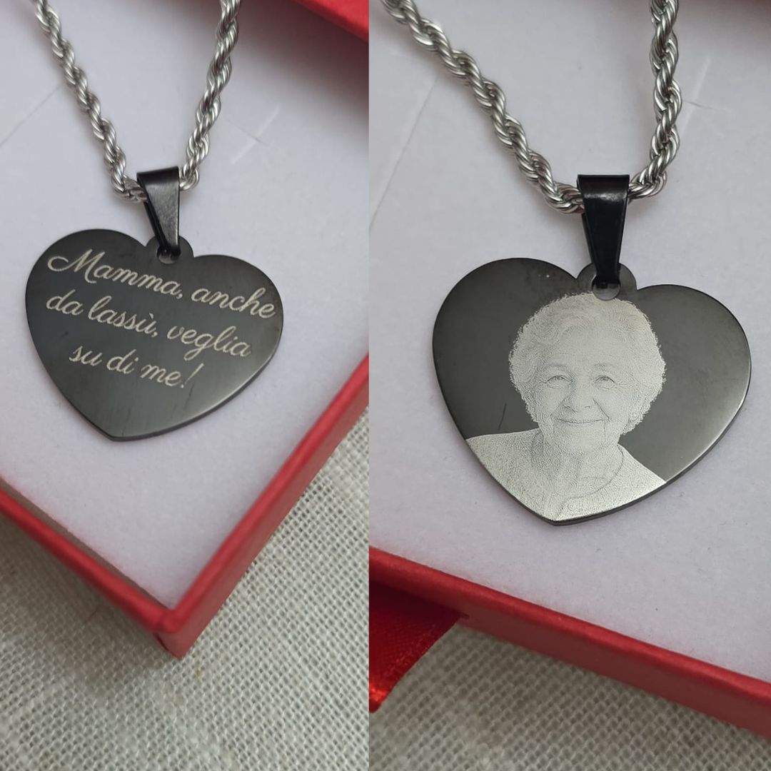 Collana Cuore Personalizzata in Acciaio Nero – Foto Incisa + Dedica Personalizzata