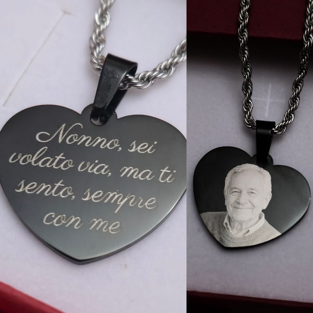 Collana Cuore Personalizzata in Acciaio Nero – Foto Incisa + Dedica Personalizzata